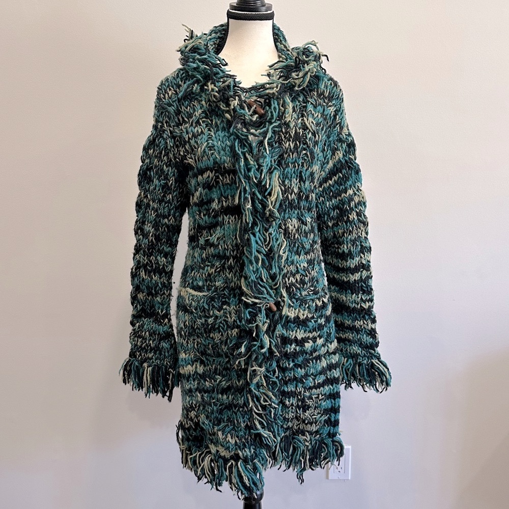 Chunky Hand-Knit Teal & Black Wool Coat with Fringe Detail – Made in Nepal